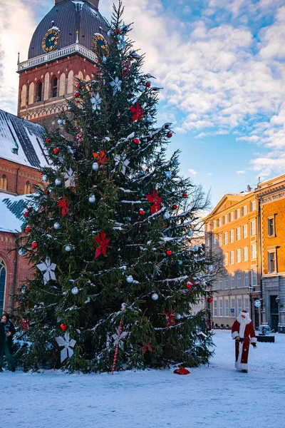 Санта - Клаус іде повз велетенське ялинкове дерево в Ризі (Латвія).. — стокове фото