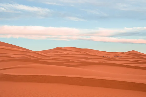 Amazing view of sand dunes with waves pattern in desert against cloudy sky — Stock Photo, Image