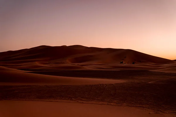 Verbazingwekkend uitzicht op zandduinen in de woestijn tegen een heldere hemel bij zonsondergang — Stockfoto