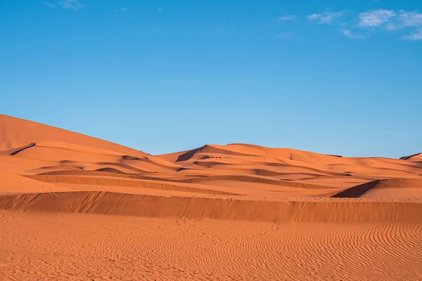 Amazing view of sand dunes with waves pattern in desert against blue sky — Stock Photo, Image