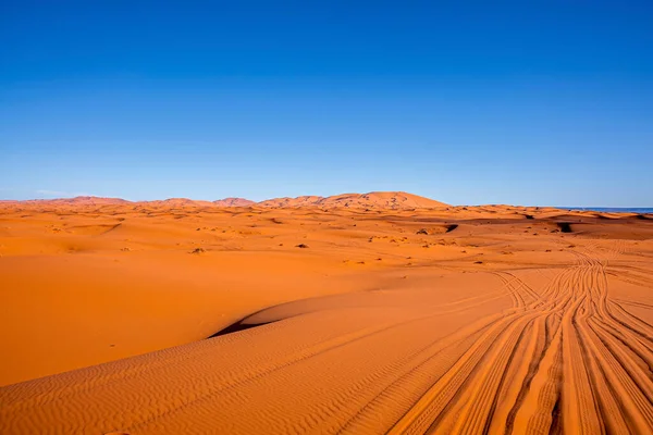 Amazing view of sand dunes with tyre marks in desert against clear sky — Stockfoto