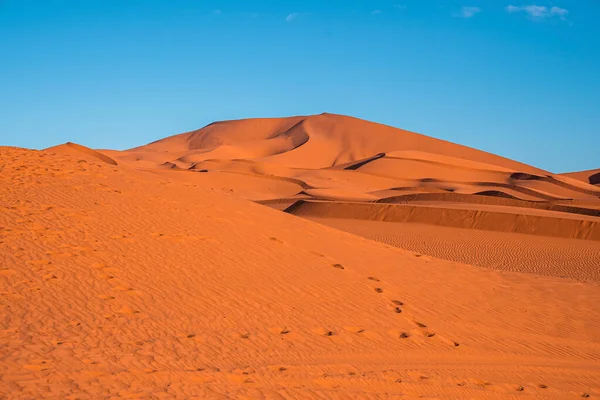 Footsteps with sand dunes in desert on sunny summer day against clear sky — Stockfoto