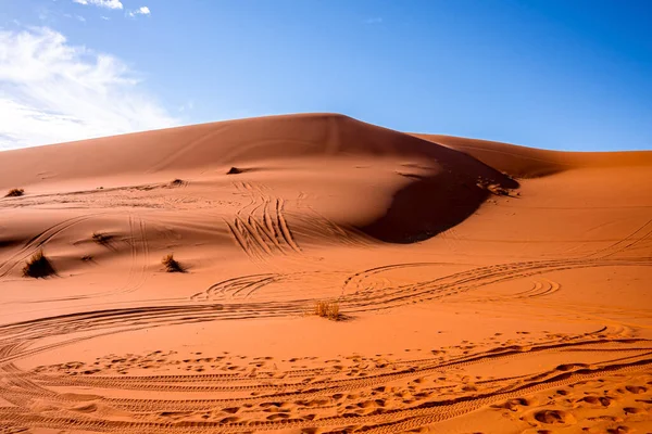 Sand dunes with tyre marks in desert on sunny summer day against sky — Stockfoto