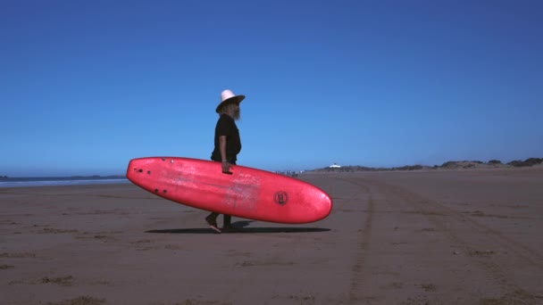 Mosolygó férfi szörf tanár cipelő szörfdeszka séta közben a strandon — Stock videók