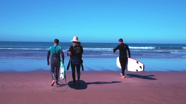 Instructor masculino demostrando cómo ponerse de pie en la tabla de surf al hombre — Vídeo de stock