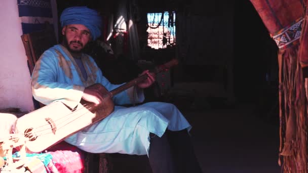 Musician playing sintir instrument while sitting at souvenir shop — Stock Video