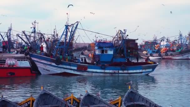 劇的な曇りの空に対してマリーナに停泊木製漁船 — ストック動画