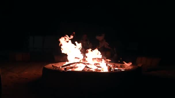 Dva muži hrají v noci na bubny na táborovém ohni v poušti Sahara v Maroku. — Stock video