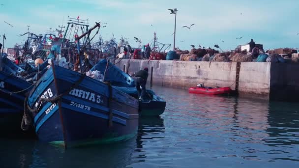Houten vissersboten verankerd in de jachthaven tegen dramatische bewolkte lucht — Stockvideo