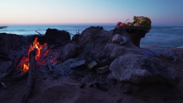 Φωτιά με καυσόξυλα κατά τη διάρκεια του όμορφου ηλιοβασιλέματος στην παραλία — Αρχείο Βίντεο