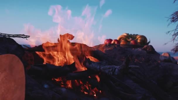 Hoguera con leña ardiente durante el hermoso atardecer en la playa — Vídeos de Stock