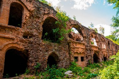 Güneşli bir günde yeşil bitkilerle çevrili terk edilmiş eski kalenin kalıntıları gökyüzüne karşı antik şatonun kalıntıları.
