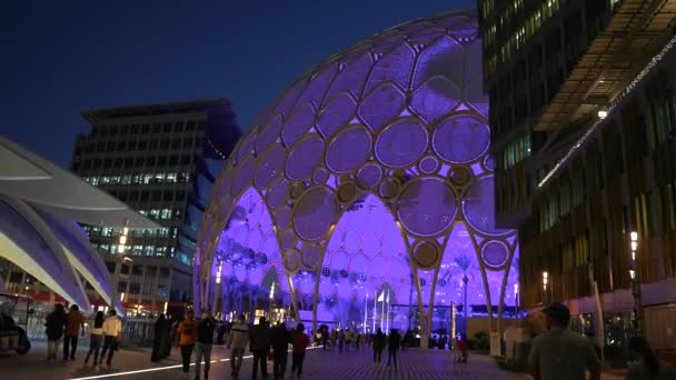 Al Wasl Plaza Kuppeldach nachts mit Lichtshow beleuchtet — Stockvideo