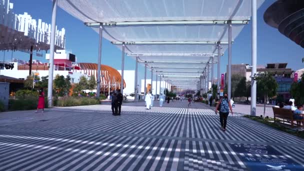 Экспо 2020 Дубай, пешеходная дорожка с зонтичной крышей в форме птицы и люди ходят — стоковое видео