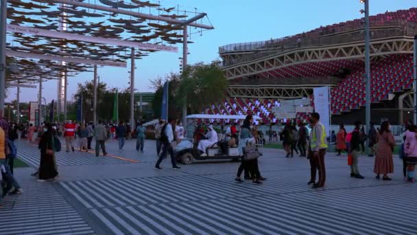 Expo 2020 Dubai, Fußweg mit vogelförmigem Sonnenschirmdach und Fußgängern — Stockvideo