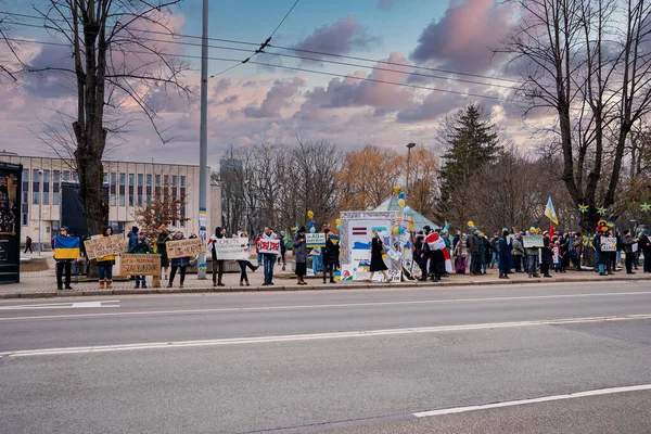Yüzlerce insan Ukrayna 'daki savaşı durdurmak için tabela tutuyor..