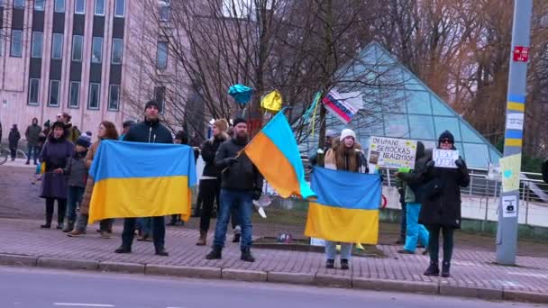 Demonstranten mit Schildern und Fahnen nahmen an einem Stand mit der Ukraine teil.. — Stockvideo
