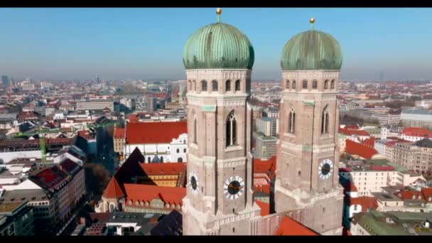 Gyönyörű Müncheni Panoráma Építészet Bajorországban Németországban Légi Kilátás Frauenkirche Városháza — Stock videók