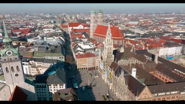 Мюнхенская Панорама Бавария Германия Вид Воздуха Фрауенкирхе Ратушу Мариенплац — стоковое видео