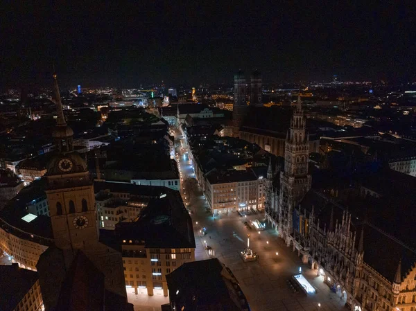 Antenowe Szeroką Panoramę Nowego Ratusza Placu Marienplatz Nocy Munich City — Zdjęcie stockowe