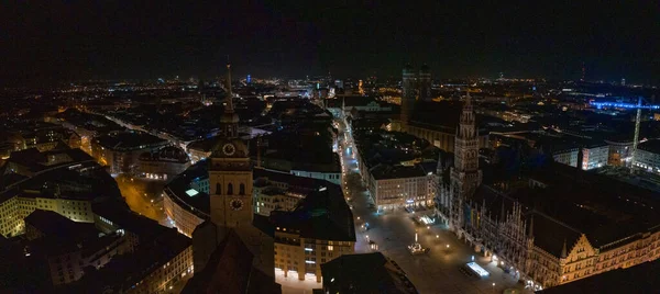 Antenowe Szeroką Panoramę Nowego Ratusza Placu Marienplatz Nocy Munich City — Zdjęcie stockowe