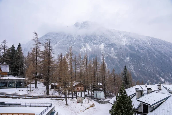 与山相对照的房屋和树木景观 阿尔堡的雪景 冬天美丽的风景 — 图库照片