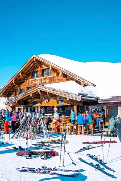 Anton Arlberg March 2022 People Sitting Outdoor Cafe Ski Resort Stock Picture
