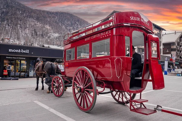Церматт Швейцария Марта 2022 Года Пожилой Турист Путешествующий Красной Лошади — стоковое фото