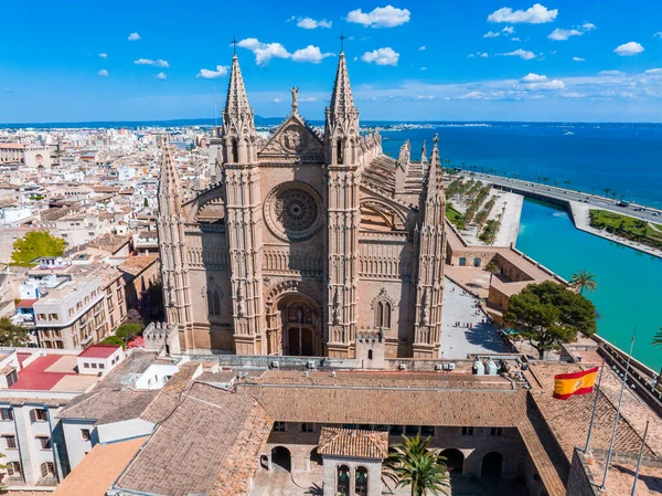 Aerial View Spanish Flag Seu Gothic Medieval Cathedral Palma Mallorca — Stock Photo, Image