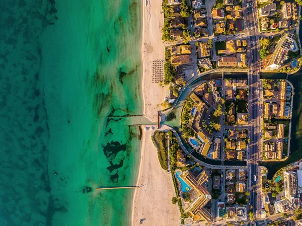 Luchtfoto Uitzicht Het Strand Palma Mallorca Met Stad Haven Onder — Stockfoto