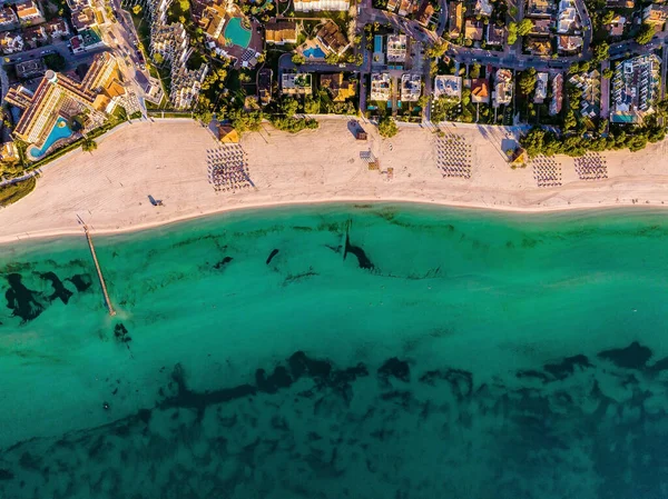 Luchtfoto Uitzicht Het Strand Palma Mallorca Met Stad Haven Onder — Stockfoto