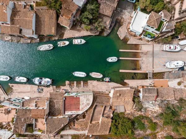 Aerial View Fishing Village Mallorca Spain Boats Docked Pier — Stock Photo, Image