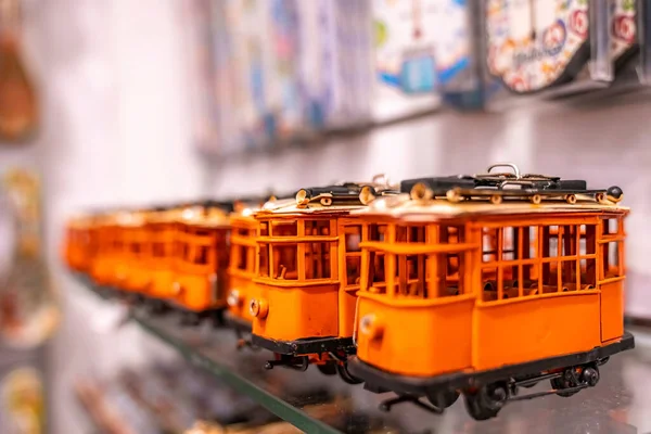 Close Orange Small Vehicles Arranged Shelf Soller Tram Souvenirs Sale — Stock Photo, Image