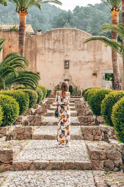 Turistas Pie Medio Plantas Mujer Vestido Casual Explorando Parque Histórico — Foto de Stock