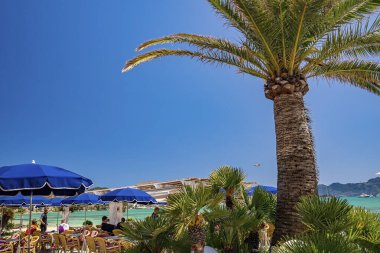 Mallorca, İspanya. 27 Nisan 2022. Güneşli bir günde, açık hava restoranlarında yetişen palmiye ağaçları. Turistler yaz tatili boyunca şehirde eğleniyorlar. Kumsaldaki açık mavi gökyüzü manzarası.