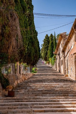 Ağaçlı ve binalı merdivenlerin alçak açılı görüntüsü. Eski kasabaya doğru giden boş adımlar. Yaz boyunca açık gökyüzüne karşı ikamet bölgesi.