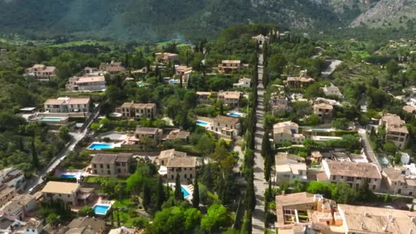 Aerial View Pollenca Mallorca Spain Small Town View Green Rocky — стоковое видео