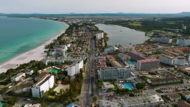 Aerial View Beach Palma Mallorca Town Harbor Beautiful Coastline Scenery — Vídeos de Stock