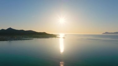 Aerial view of the beach in Palma de Mallorca with the town and harbor below beautiful coastline scenery Spain Mediterranean Sea, Balearic Islands.