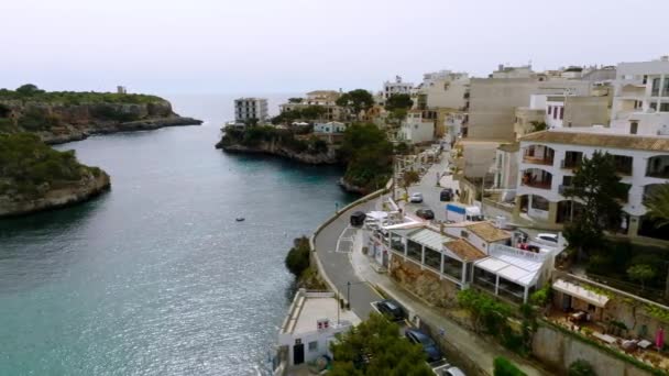 Aerial View Fishing Village Mallorca Spain Boats Docked Pier — стокове відео