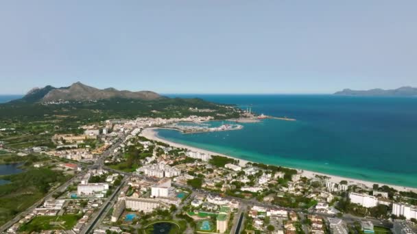 Aerial View Beach Palma Mallorca Town Harbor Beautiful Coastline Scenery — Vídeo de Stock
