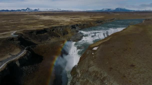 Panoramautsikt Över Populära Turistmål Gullfoss Vattenfall Dramatisk Källa Vid Hvita — Stockvideo