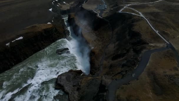 Vista Aérea Panorâmica Destino Turístico Popular Cachoeira Gullfoss Nascente Dramática — Vídeo de Stock