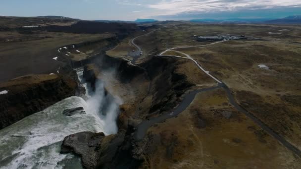 Panoramatický Letecký Pohled Oblíbené Turistické Destinace Gullfoss Vodopád Dramatický Pramen — Stock video