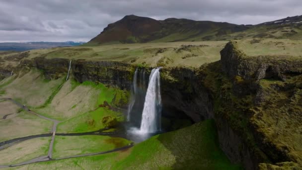 Vue Aérienne Seljalandsfoss Situé Dans Région Sud Islande Juste Côté — Video
