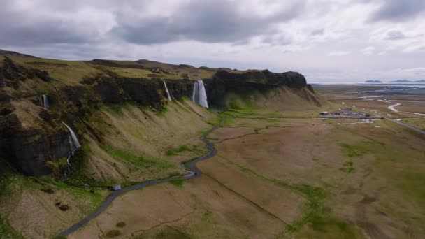 Flygfoto Över Seljalandsfoss Beläget Södra Regionen Island Precis Vid Route — Stockvideo