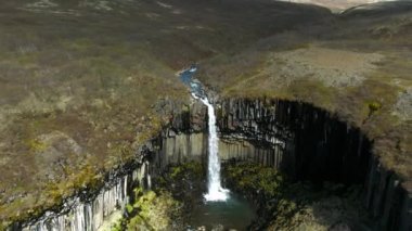 İzlanda 'nın güneyindeki bazalt sütunlarla çevrili Svartifoss şelalesinin hava manzarası. Güzel İzlanda doğası.