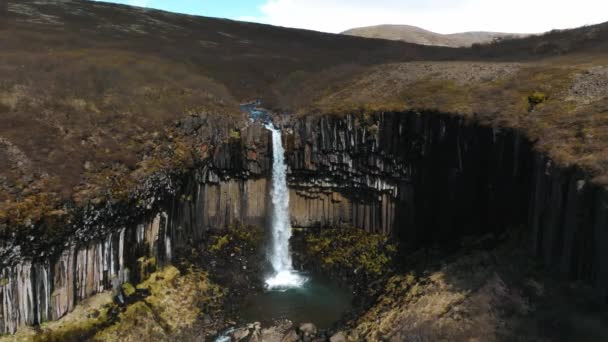 Aerial View Svartifoss Waterfall Surrounded Basalt Columns South Iceland Beautiful — Stock Video