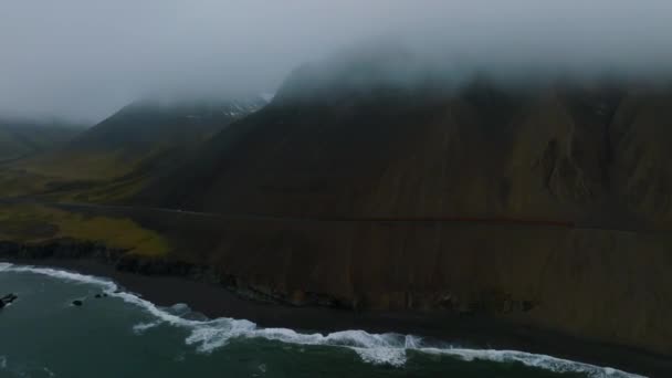 Isländische Luftlandschaft Bei Ketubjorg Der Abenddämmerung Bewölkte Küste Meer Und — Stockvideo