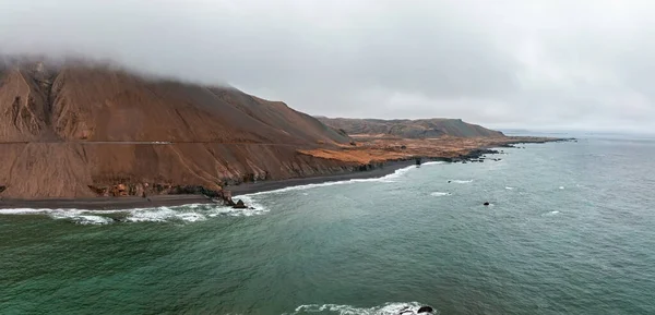 Aerial Icelandic Landscape Ketubjorg Evening Dusk Cloudy Coastline Ocean Grassland — Stock Photo, Image